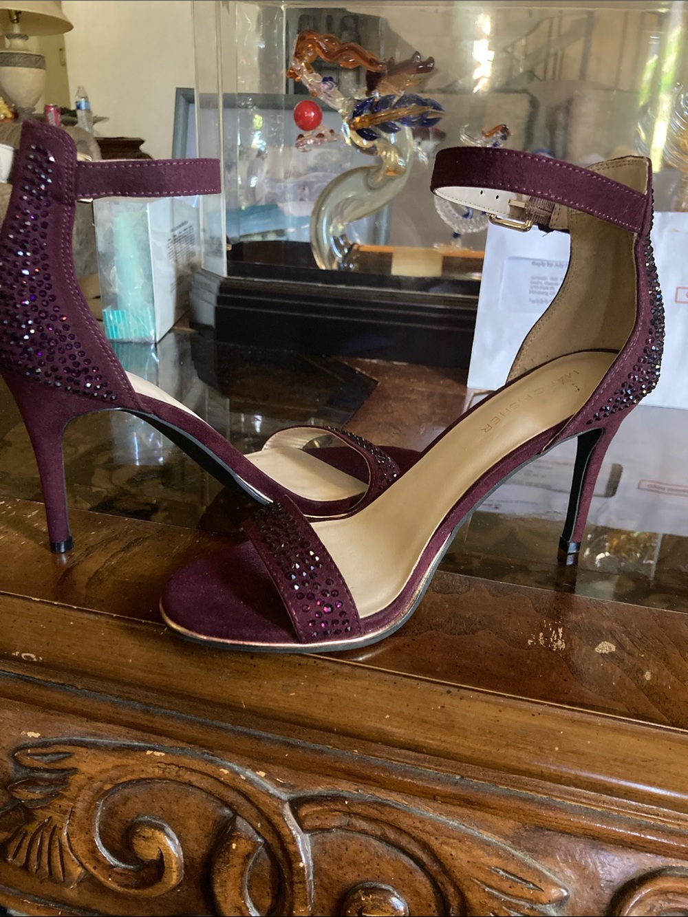 Marc Fisher Plum Crystal Ankle-Strap Stiletto Sandals